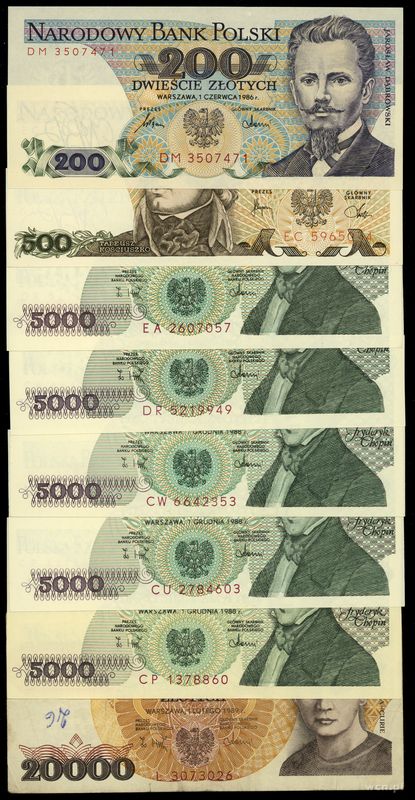 Polska, zestaw 7 banknotów, 1982–1989