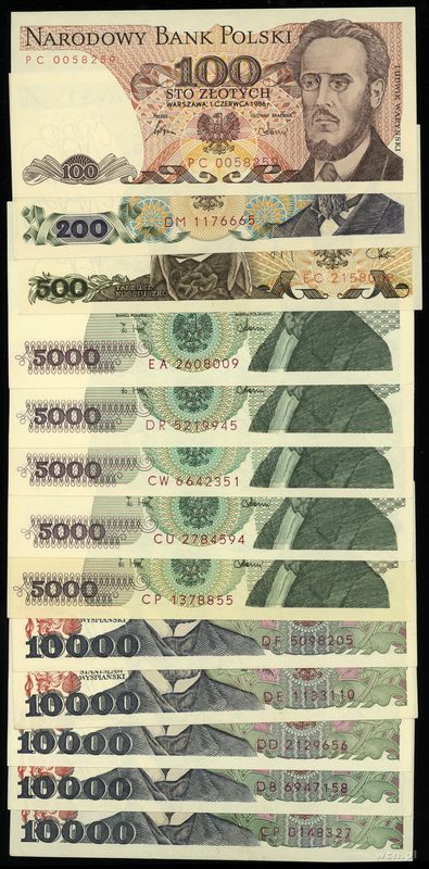 Polska, zestaw 13 banknotów, 1982–1988