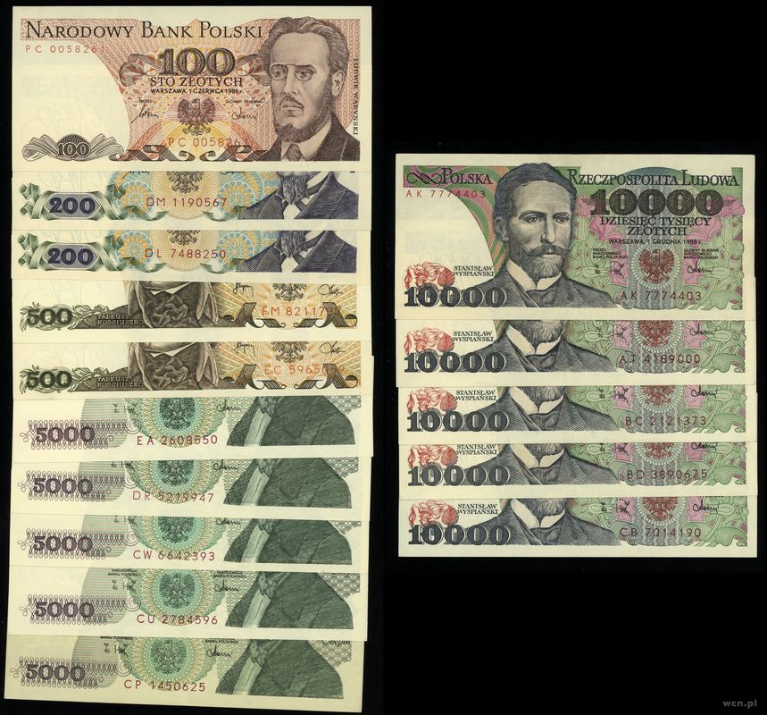 Polska, zestaw 15 banknotów, 1982–1988