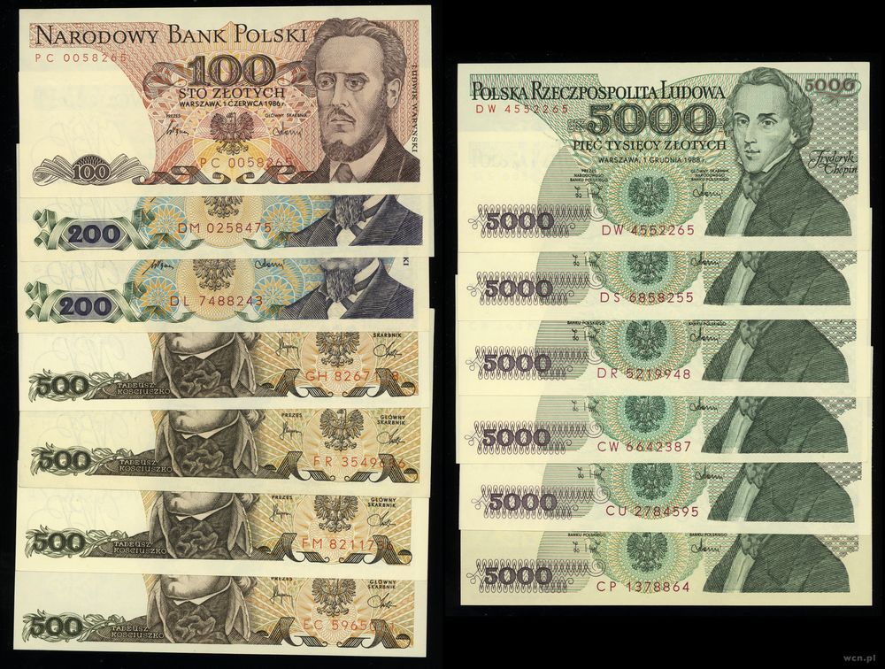 Polska, zestaw 13 banknotów, 1982–1988