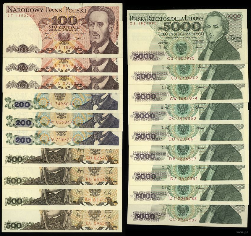 Polska, zestaw 18 banknotów, 1982–1988