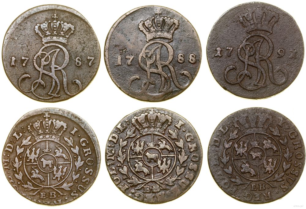 Polska, zestaw 3 x 1 grosz, 1787 EB, 1788 EB, 1791 EB