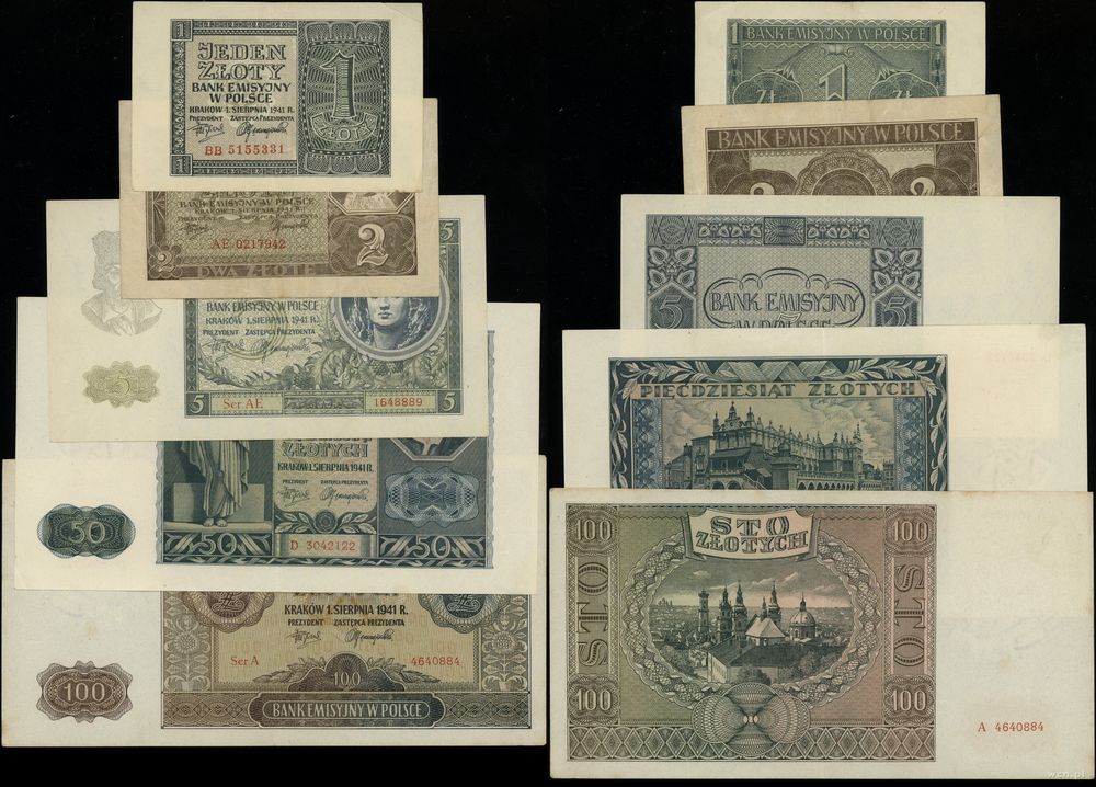 Polska, zestaw 5 banknotów, 1.08.1941