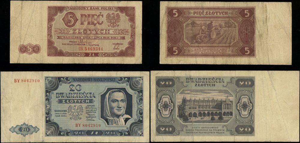Polska, zestaw: 5 i 20 złotych, 1.07.1948