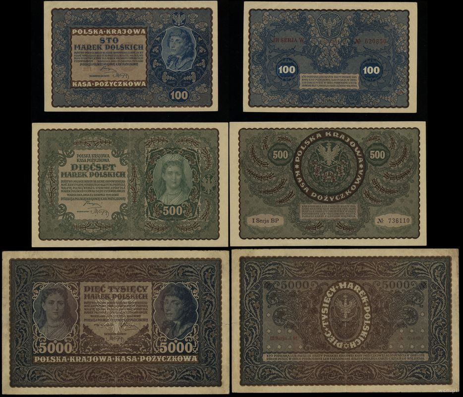 Polska, zestaw 3 banknotów, 1919–1920