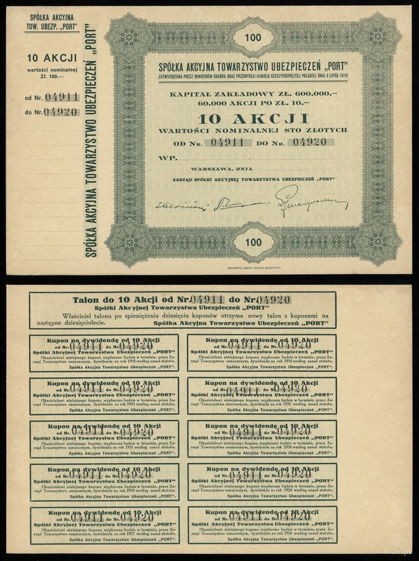Polska, 10 akcji po 100 złotych (blanco), bez daty