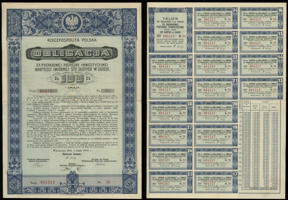 Rzeczpospolita Polska (1918–1939), 2 x obligacja 3% premiowej pożyczki inwestycyjnej na 100 złotych w złocie, 1.05.1935