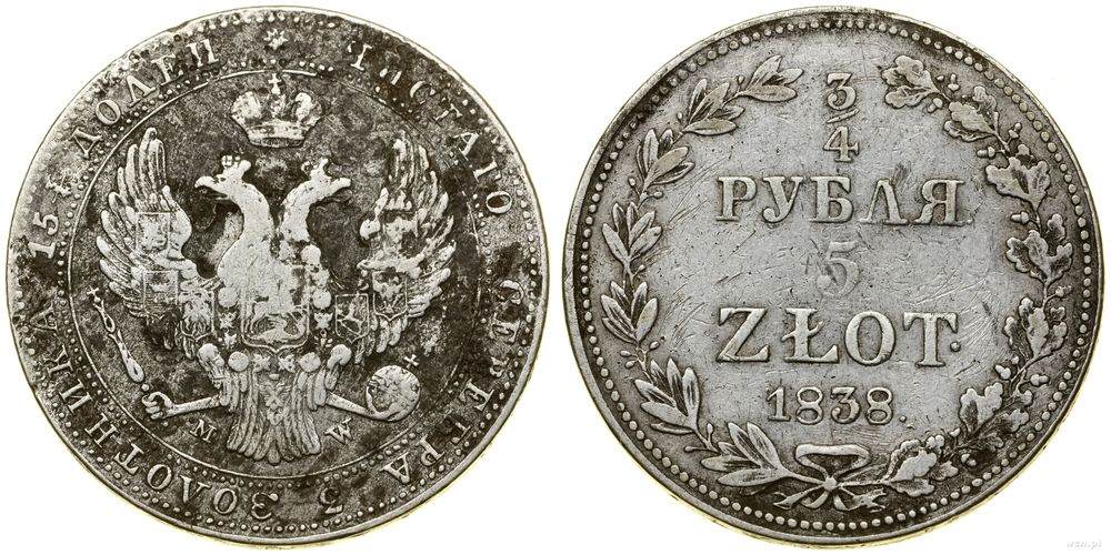 Polska, 3/4 rubla = 5 złotych, 1838 MW