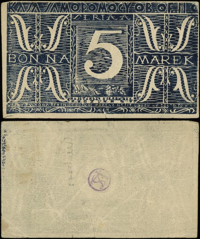 obóz oficerski II-C w Dobiegniewie /Woldenberg/, bon na 5 marek, 30.10.1944