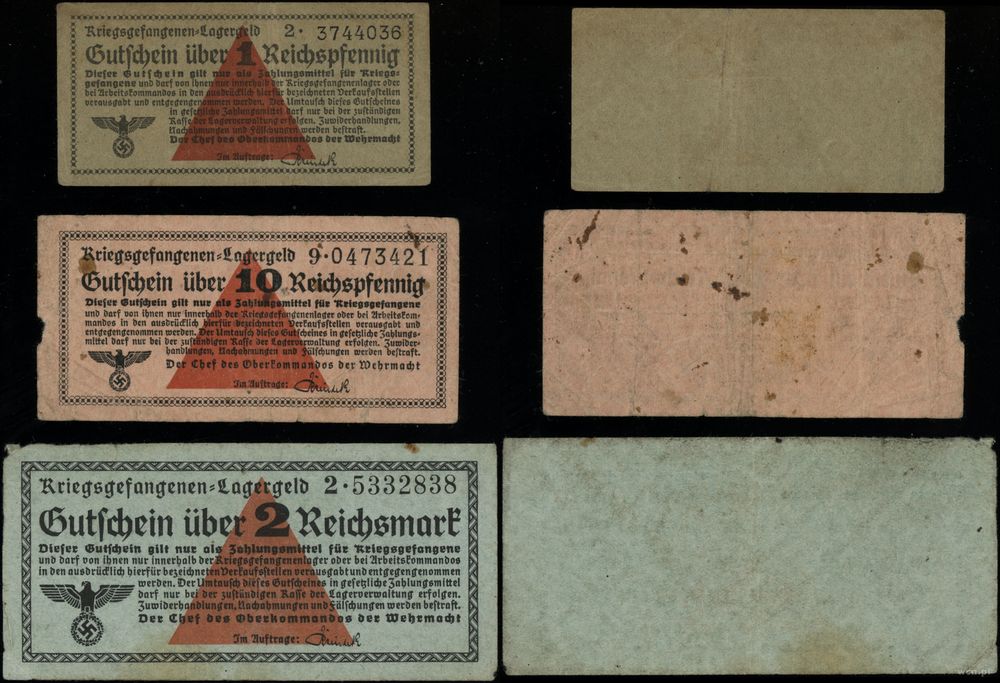 Kriegsgefangen Lagergeld (1939–1945), zestaw 3 banknotów, bez daty