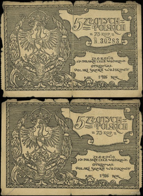 Polska, 5 złotych polskich = 75 kopiejek, 1916