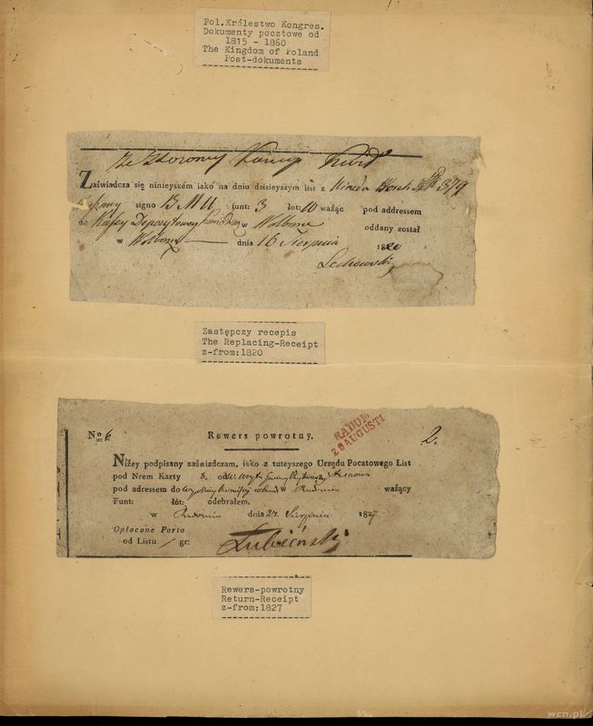 Polska, zestaw 2 dokumentów pocztowych z czasów Królestwa Kongresowego, 16.08.1820 i 27.08.1827