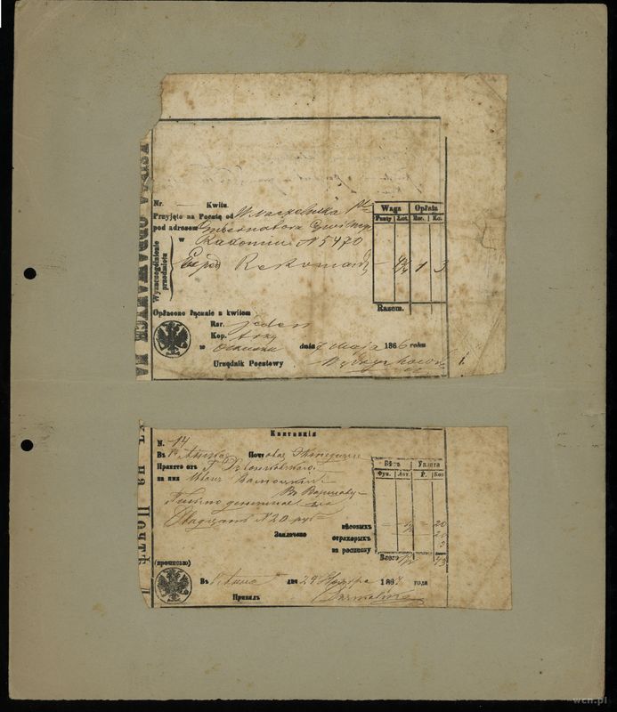 Polska, zestaw 2 dokumentów pocztowych z II połowy XIX wieku, 7.05.1866 i 29.08.1887