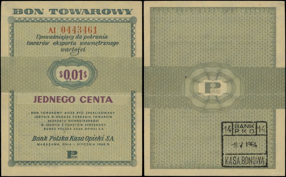 Polska, bon na 1 cent, 1.01.1960