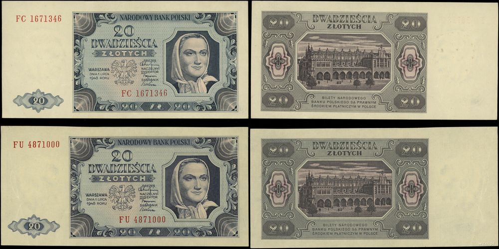 Polska, zestaw: 2 x 20 złotych, 1.07.1948