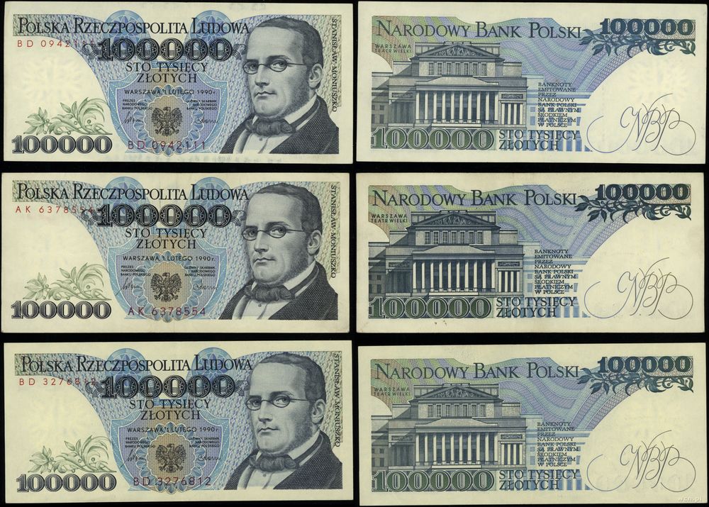 Polska, zestaw: 3 x 100.000 złotych, 1.02.1990
