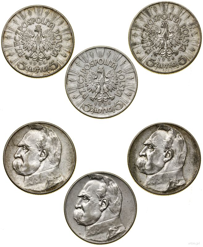 Polska, zestaw 3 x 5 złotych, 1934–1936