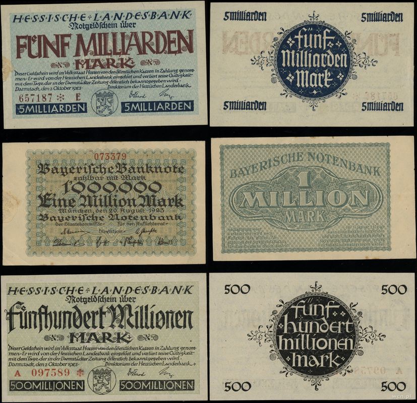 Niemcy, zestaw 6 banknotów, 1923
