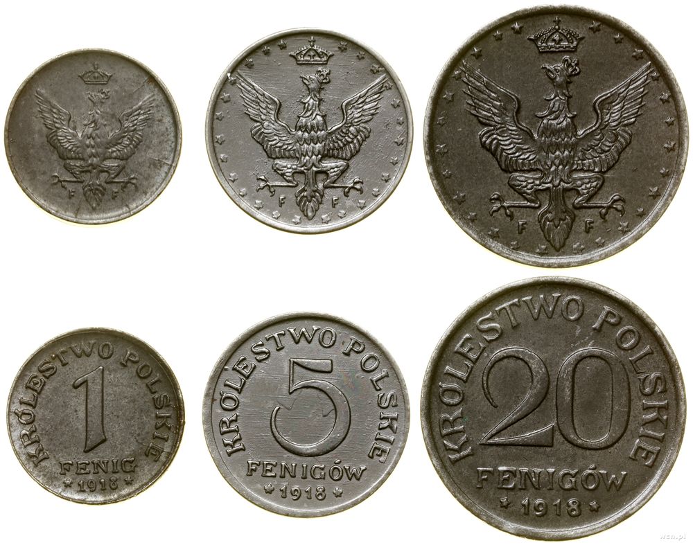 Polska, zestaw: 1, 5, 20 fenigów, 1918