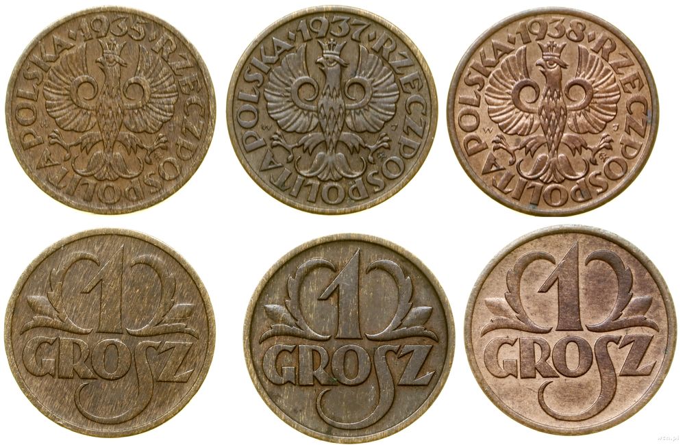 Polska, zestaw: 3 x 1 grosz, 1935, 1937, 1938