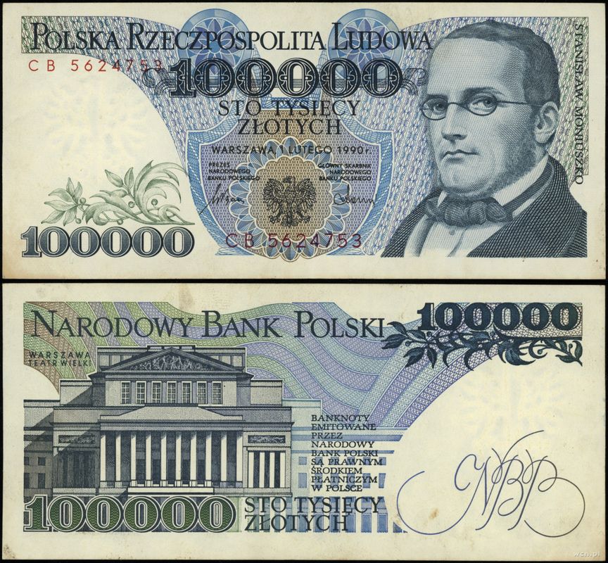 Polska, 100.000 złotych, 1.02.1990