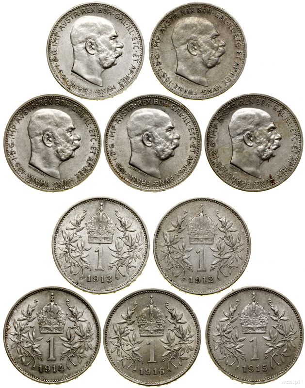 Austria, zestaw: 5 x 1 korona, 1912–1916