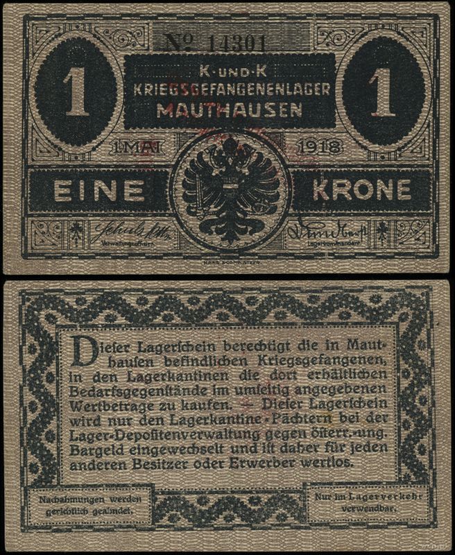 I Wojna Światowa, bon na 1 koronę, 1.05.1918