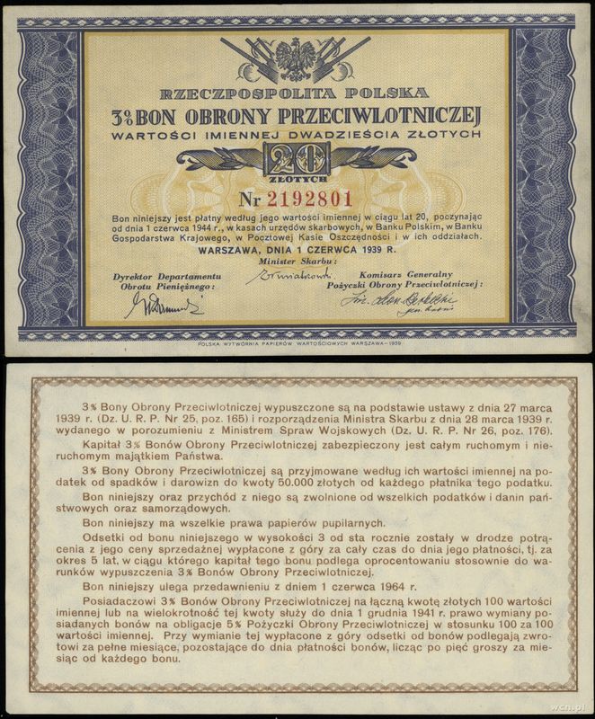 Polska, 3% bon obrony przeciwlotniczej na 20 złotych, 1.06.1939