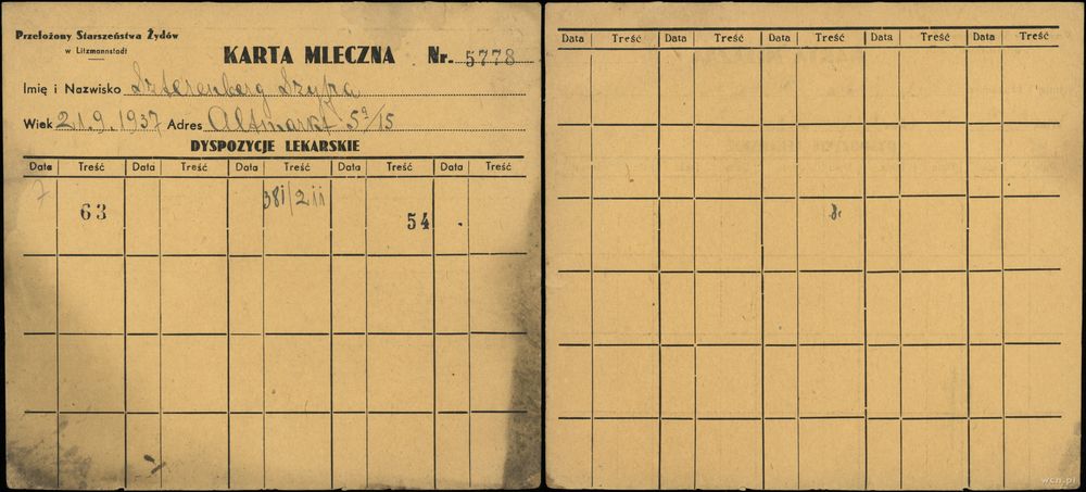 Polska, karta mleczna z getta łódzkiego