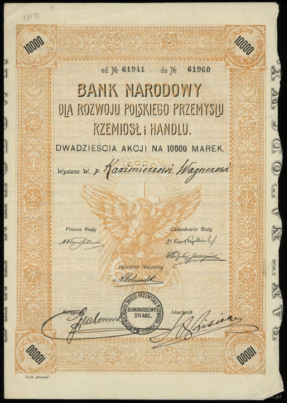 Polska, 20 akcji na kwotę 10.000 marek, bez daty