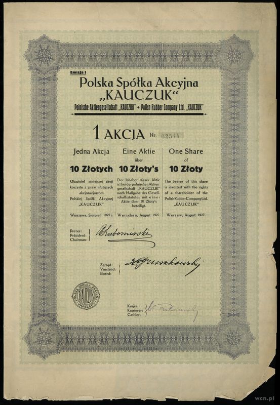 Polska, zestaw: 5 x 1 akcja na 10 złotych, sierpień 1927