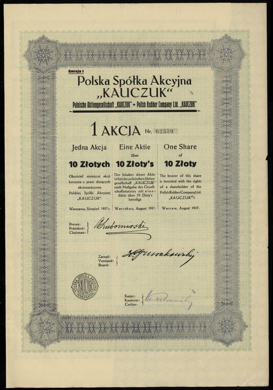 Polska, zestaw: 4 x 1 akcja na 10 złotych, sierpień 1927