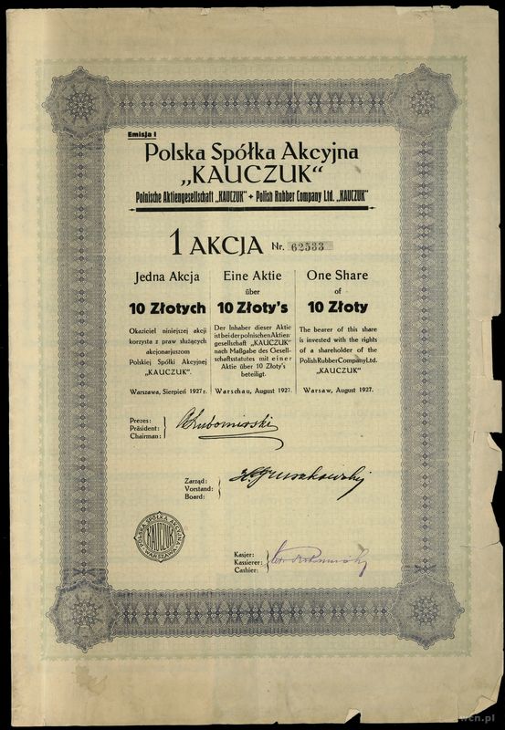 Polska, zestaw: 4 x 1 akcja na 10 złotych, sierpień 1927