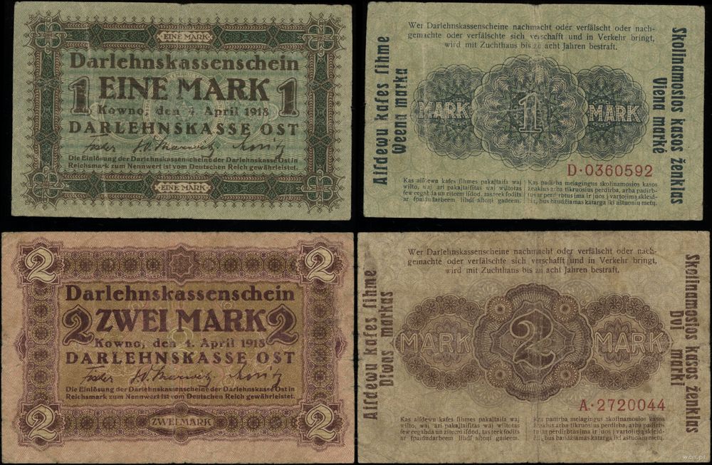 Polska, zestaw: 1 marka i 2 marki, 4.04.1918