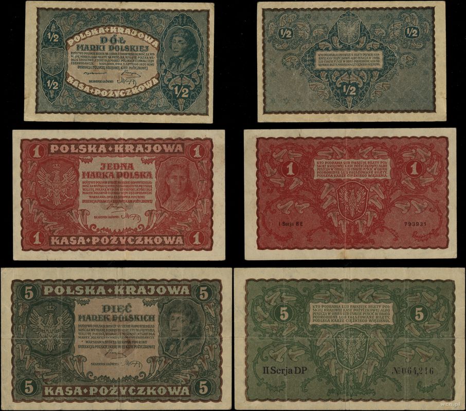 Polska, zestaw 6 banknotów, 1919–1920