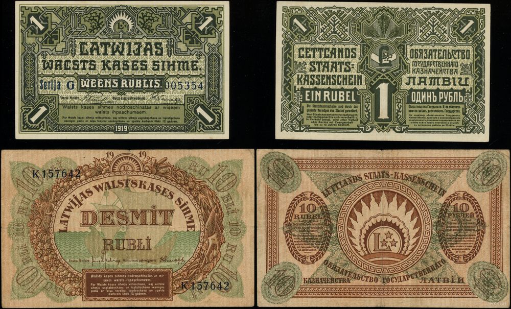 Łotwa, zestaw: 1 rubel i 10 rubli, 1919