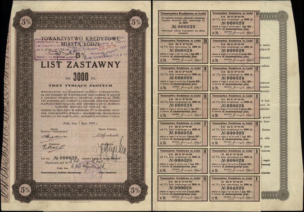 Polska, 5% list zastawny na 3.000 złotych, 1.07.1938