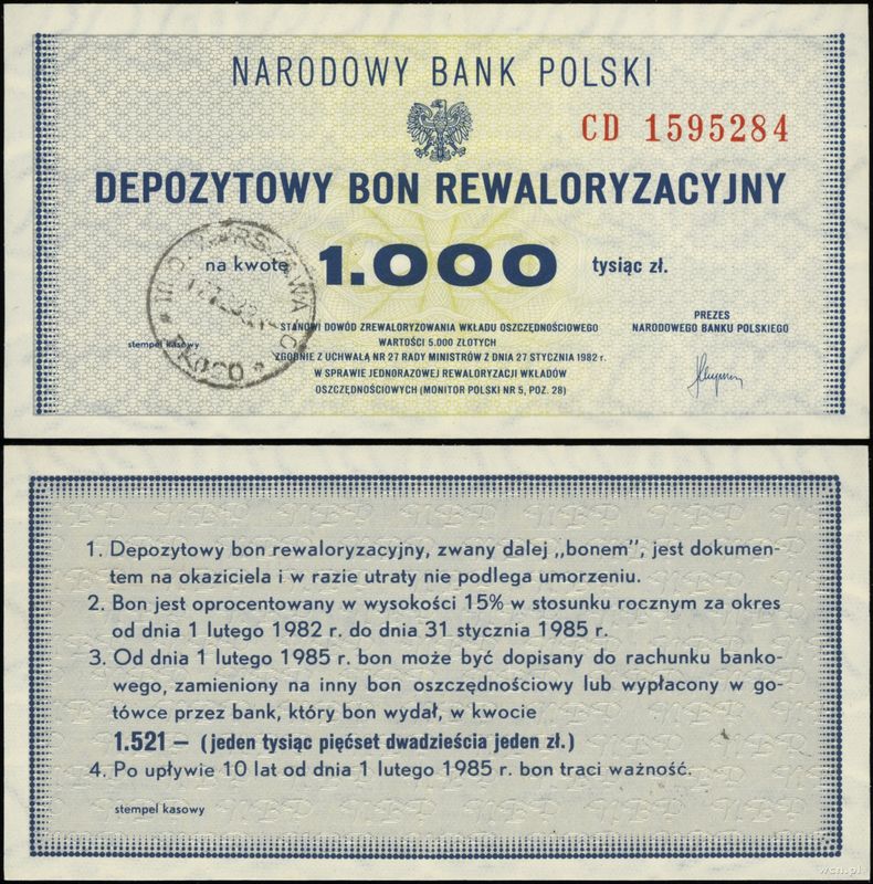 Polska, depozytowy bon rewaloryzacyjny na 1.000 złotych, 1982