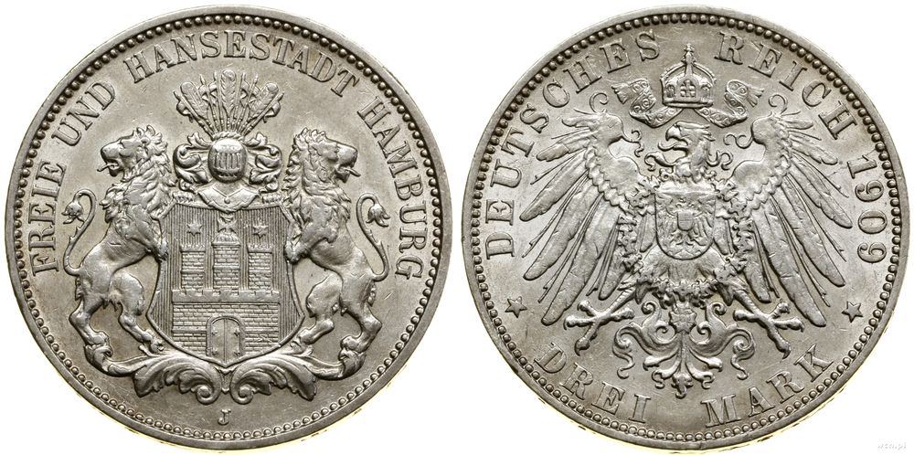 Niemcy, 3 marki, 1909 J