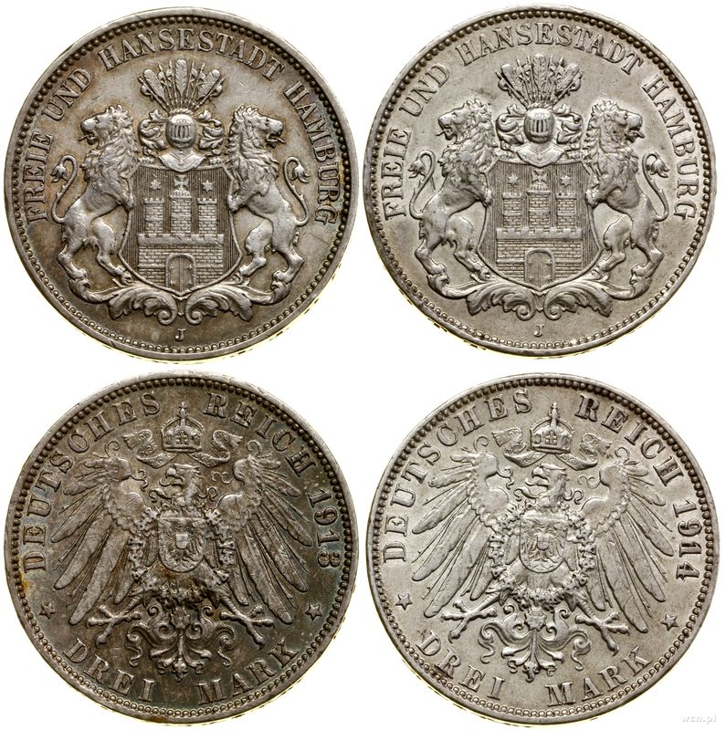 Niemcy, zestaw 2 x 3 marki, 1913 J, 1914 J