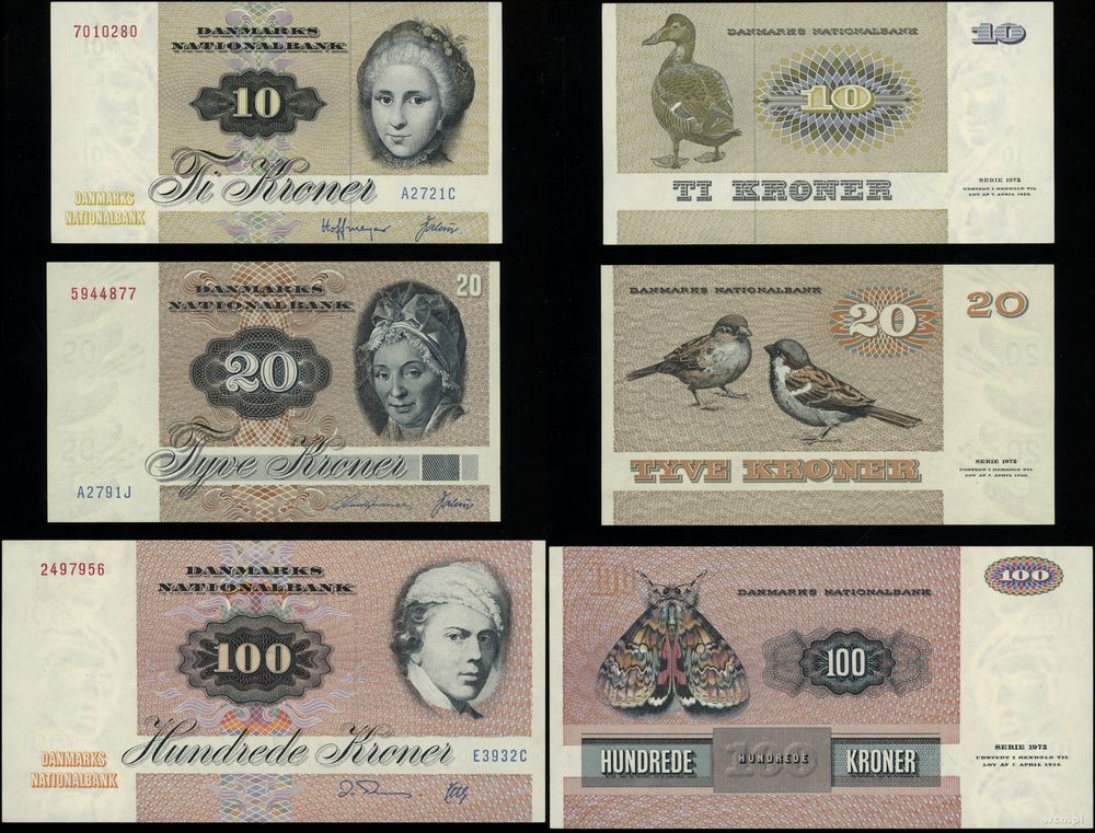 Dania, zestaw: 10, 20 i 100 koron, 1972