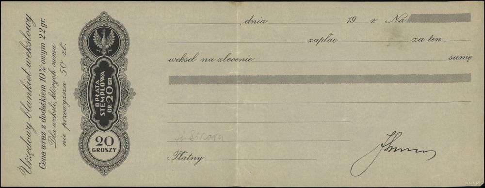 Polska, zestaw 6 weksli z różną opłatą skarbową (blanco), XX w.