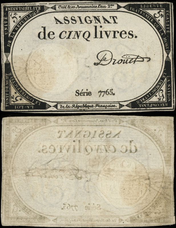 Francja, asygnata na 5 liwrów, 1793
