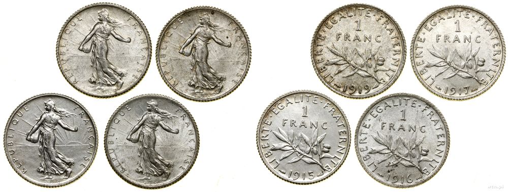 Francja, zestaw: 4 x 1 frank, 1915–1919