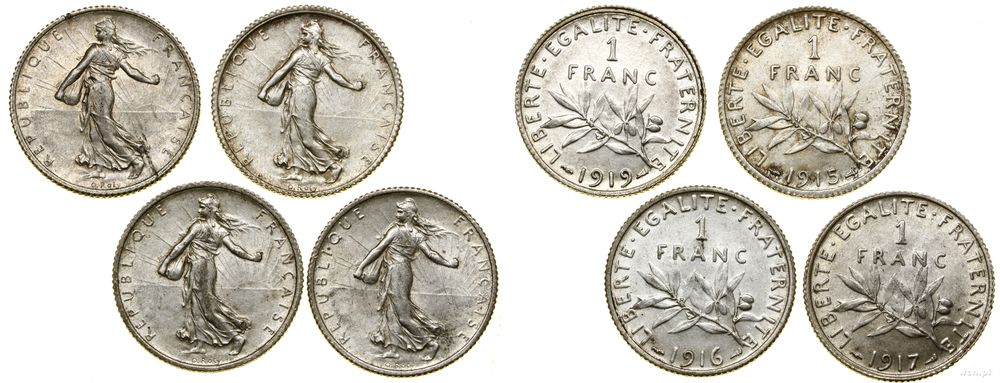 Francja, zestaw: 4 x 1 frank, 1915–1919