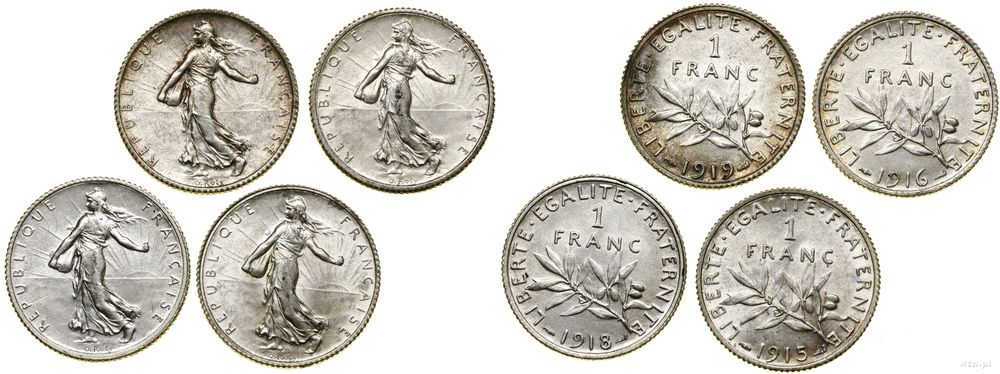 Francja, zestaw: 4 x 1 frank, 1915–1919