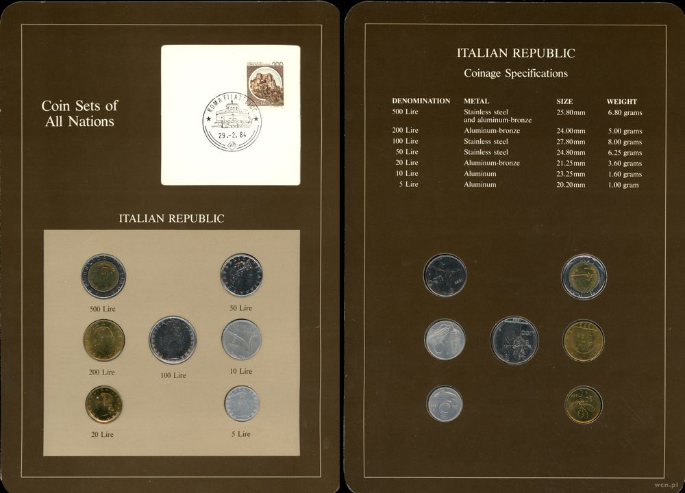 Włochy, zestaw 7 monet, 1979–1985