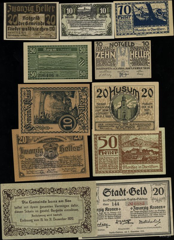 banknoty zastępcze, zestaw 11 różnych bonów (Austria, Niemcy, Czechy), 1918–1921