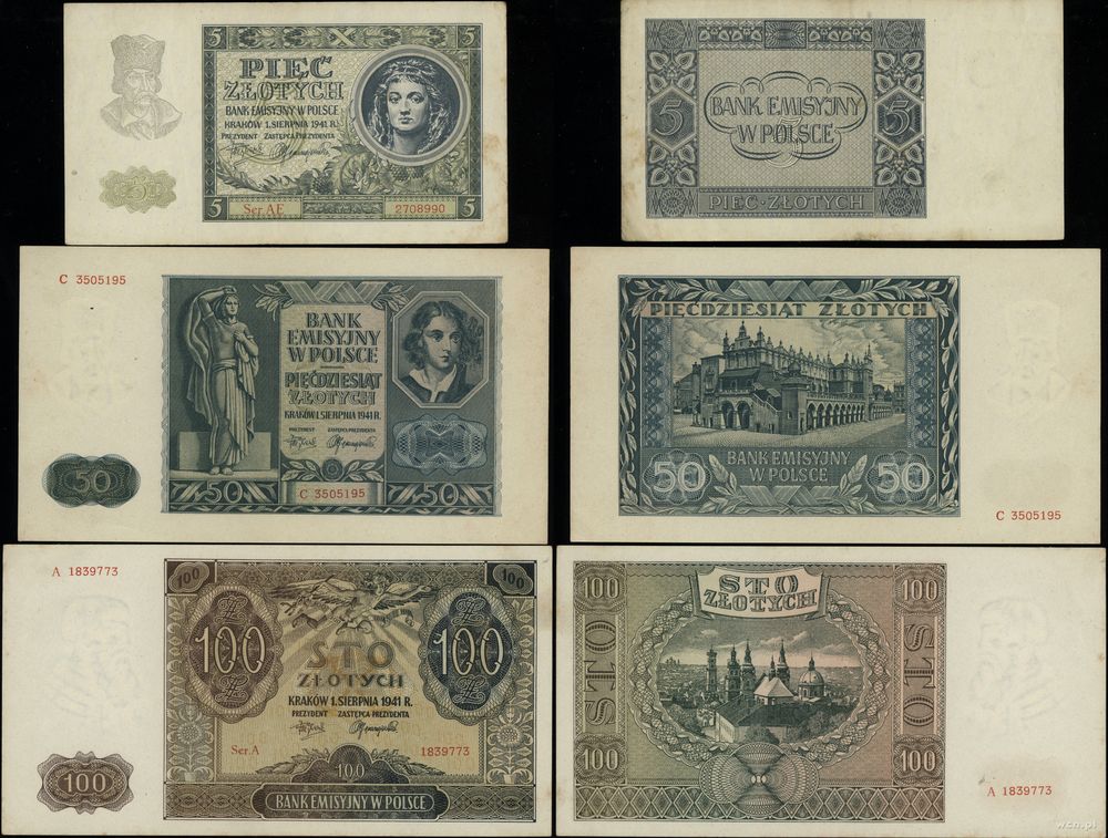 Polska, zestaw 3 banknotów, 1.08.1941