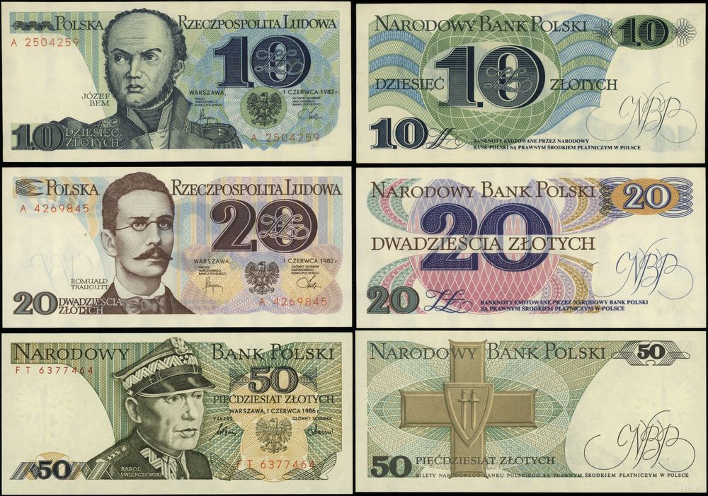 Polska, zestaw 3 banknotów, 1982–1986